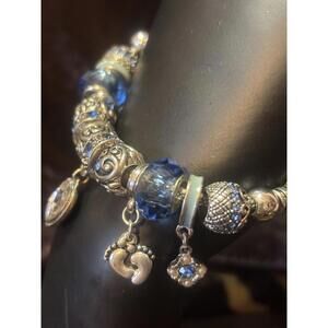 Landau December Blue Birthstone Charm Bracelet Silver Tone Heart & Dangle Charms